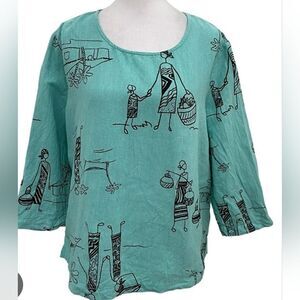 Hot Cotton MP Teal Graphic Print 3/4 Sleeves LINEN Blend Women  Top Blouse